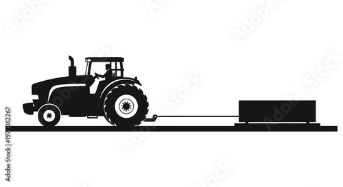 A black silhouette of a tractor pulling a trailer on land silhouette