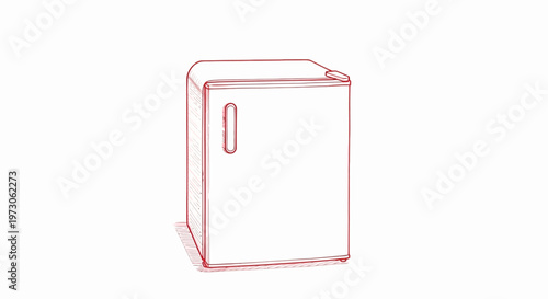 Red line art illustration of a compact mini fridge on a white background.