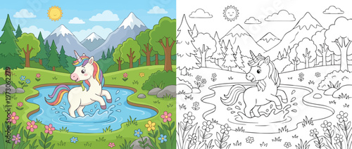 Cute Cartoon Unicorn Playing in Water Pond.