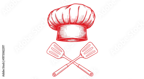 Foto Vintage red sketch of a chef hat with crossed spatulas.