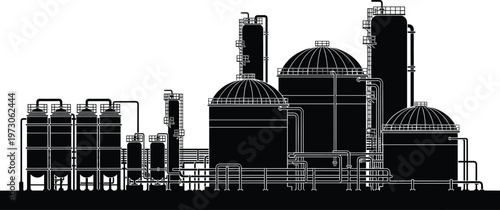 Silhouette of Industrial Chemical Plant with Storage Tanks and Pipes on White Background factory manufacturing