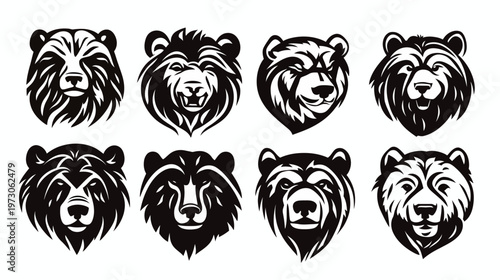 Eight stylized bear head illustrations in black and white, featuring varying expressions and details