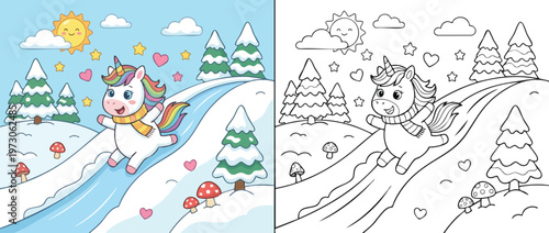 Cute Cartoon Unicorn Running in Winter Wonderland Coloring Page.