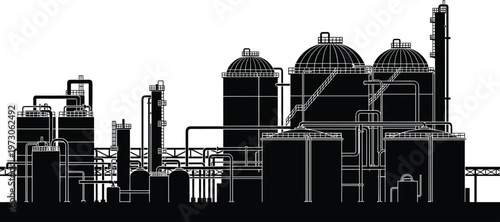 Silhouette of Industrial Refinery with Tanks, Towers, and Pipelines on White Background factory chemical