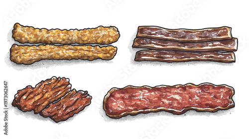 Digitally rendered image depicting various fried foods, including bacon and churro-like items on a white background