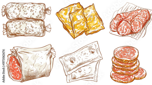 Assortment of illustrated charcuterie, depicting various cuts of meats and prepared foods
