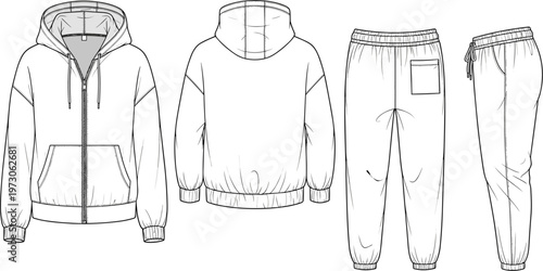 Technical Fashion Flat Sketch of Unisex Tracksuit Set Featuring Zip Up Hoodie and Matching Joggers with Front Back and Side Views for Apparel Design.