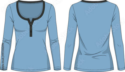 Technical Fashion Flat Sketch of Women's Long Sleeve Henley Top Featuring Scoop Neckline With Contrast Binding and Front Placket Detail Vector.