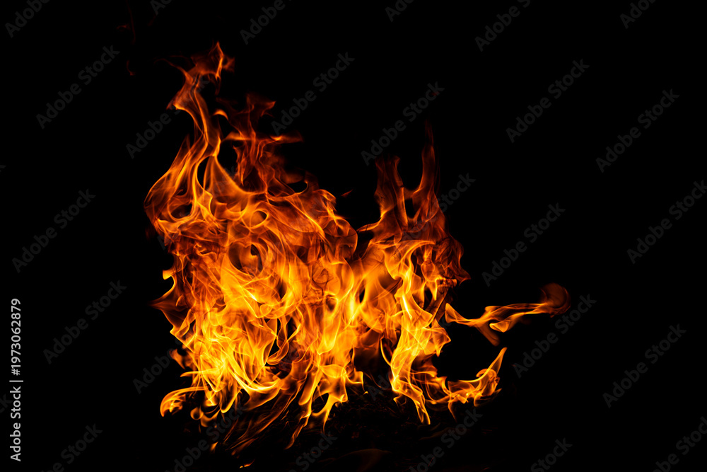Fototapeta premium Burn effect pattern. Fire flames on black background. Burning fire backdrop. Blaze wallpaper. Abstract fire flame background. Fire flame texture.