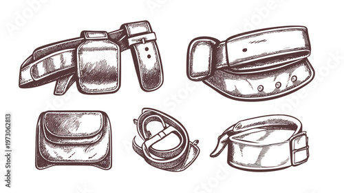 Hand-drawn set of accessories. Contains various bags, belts, and similar functional designs in a sketch style