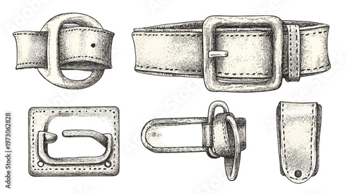 Hand-drawn set of various leather belt elements, buckles, and loops, isolated on white background