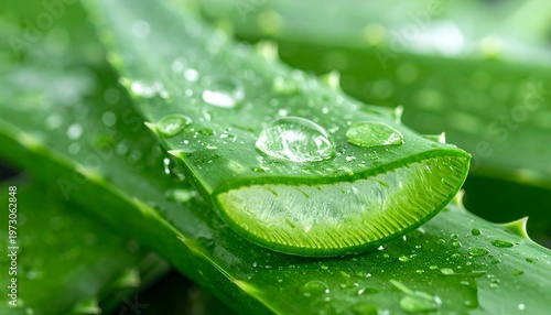 Close-up of a fresh aloe vera leaf with water droplets.