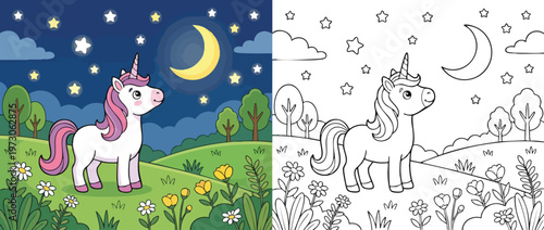 Cute cartoon unicorn with pink mane and tail standing gracefully.