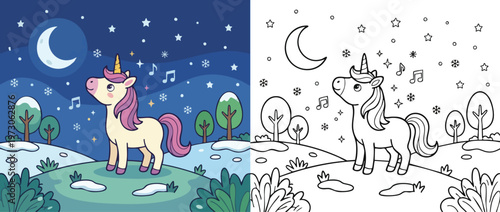 Cute Cartoon Unicorn with Horn and Mane Standing.