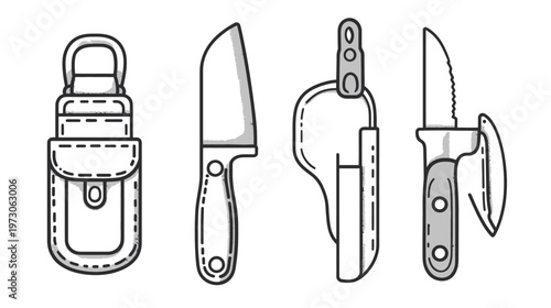 Vector illustration of various knives, sheaths, and cases, featuring different blade shapes