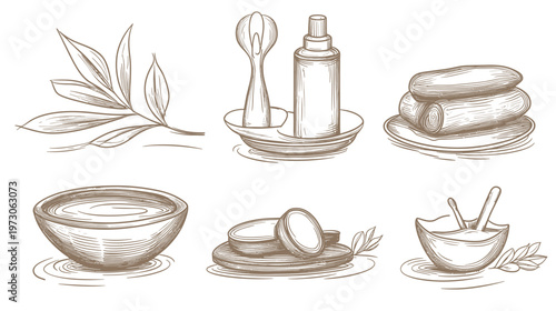 Six hand-drawn illustrations featuring spa and wellness elements. Each icon appears in brown ink