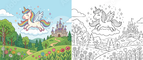 Cute Flying Unicorn on Cloud with Wings and Horn in Fantasy World.
