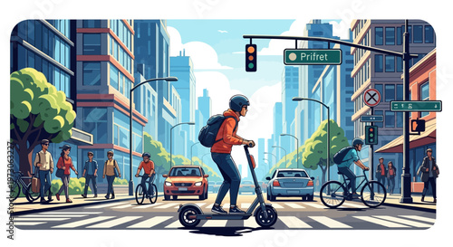 Young person rides electric scooter on city street with pedestrians and cyclists