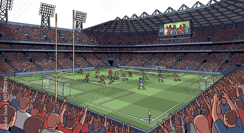 Soccer stadium crowd cheering during a vibrant football match, action on the field