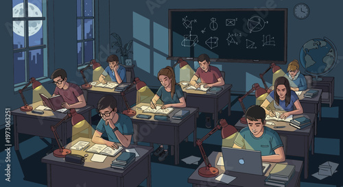 Students studying late at night in classroom, moonlit sky outside