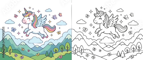 Cute Flying Unicorn with Wings and Horn in Cartoon Style.