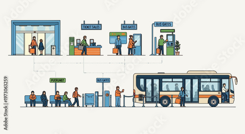 Bus Station Scene: Travelers, Ticketing, Boarding, Information, and Bus Stop