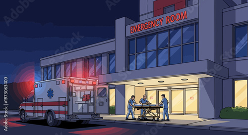 Ambulance Arrives at Hospital Emergency Room Entrance at Night with Flashing Lights