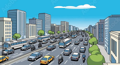 Busy city highway with heavy traffic and tall buildings under a bright blue sky.