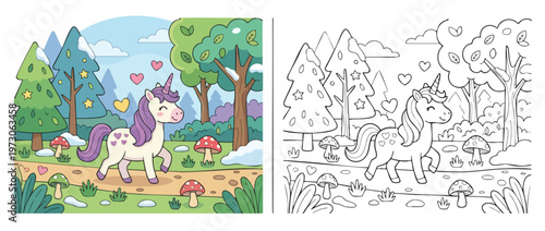 Cute Unicorn Coloring Page for Children with Magical Forest Background.