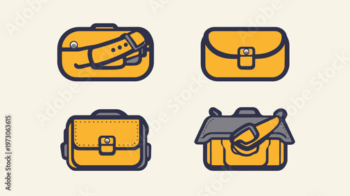Four stylized illustrations of yellow bags with various designs and details, set against a cream background