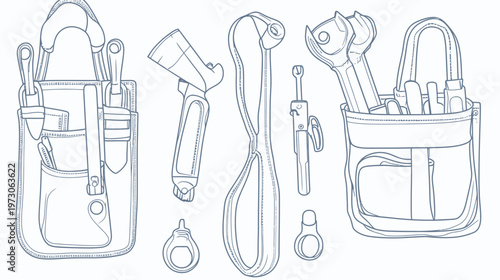 A detailed line drawing illustration showcasing various tools, including wrenches and garden tools in pockets