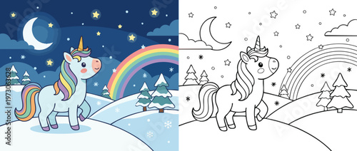 Cute Unicorn Coloring Page with Rainbow and Stars.