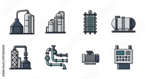 Industrial Plant Equipment Icons - Distillation Towers, Heat Exchangers, Tanks, Pumps, and Control Panels.
