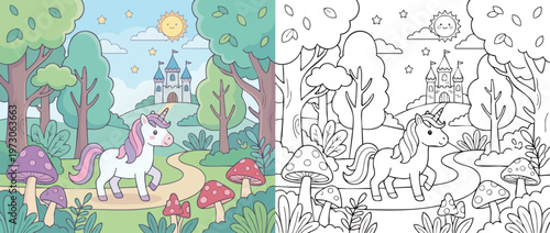 Cute Unicorn Fantasy Forest Magical Creature Coloring Page.