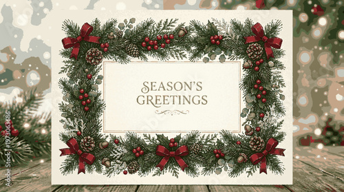 Seasonal christmas card with festive holly wreath and red bows on wooden table in snowy background