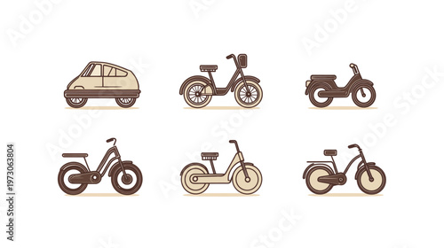 Six vintage two-wheeled vehicles and a small car. Illustrations are monochromatic with an old-fashioned aesthetic