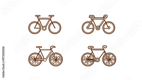 Four brown bicycle illustrations with different wheel and frame designs on white background