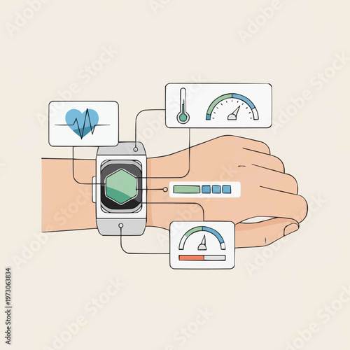 Smart wearable wrist watch tracking personal health metrics in this flat vector graphic design illustration