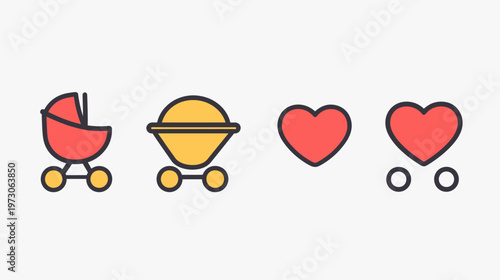 Colorful vector illustration featuring baby carriages, heart shapes, and simple designs with wheels
