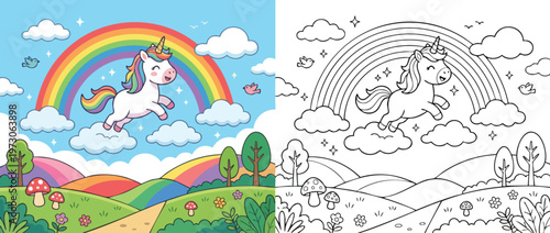 Cute Unicorn Flying Over Rainbow in Magical Landscape.