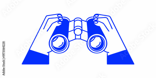 Hands holding blue binoculars in a simple graphic line art style
