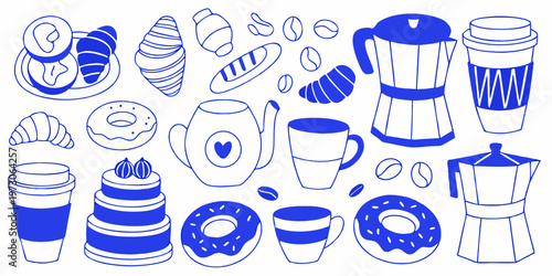 Blue line art illustration of coffee pastries and various drinkware