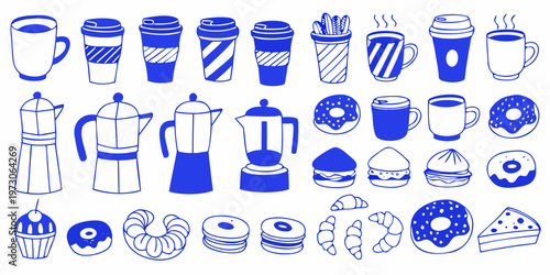 Collection of blue line art illustrations depicting coffee tea and pastries