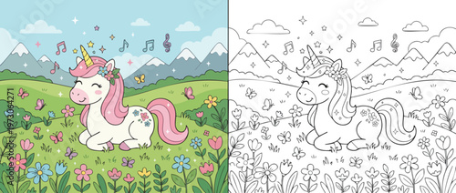 Cute Unicorn Lying Down in a Field of Flowers.