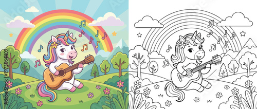 Cute Unicorn Playing Guitar with Musical Notes and Rainbow 1.