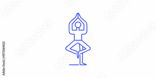 Minimalist blue line art depicting a person in a yoga tree pose