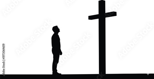  Faithful Man Looking at Christian Cross Silhouette Clean Vector Illustration on Pure White Background 2026 