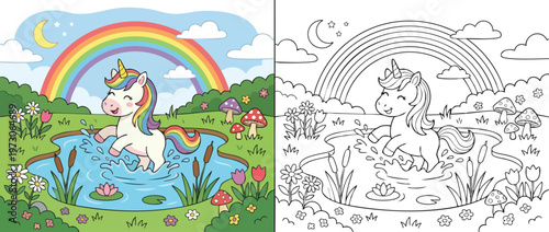 Cute Unicorn Playing in Pond with Rainbow Coloring Page.