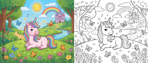 Cute Unicorn Resting on Green Grass with Colorful Mane and Tail.