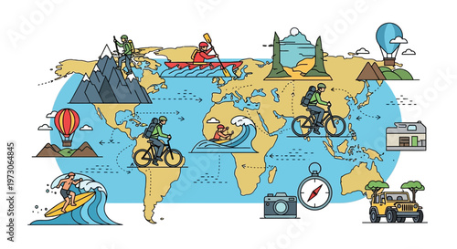 World Map Adventure Travel Destinations - Outdoor Activities & Exploration